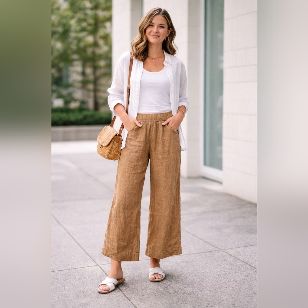 Tahari 100% Linen Wide Leg Pants Womens Small Pull On Elastic Waist Tan Boho
